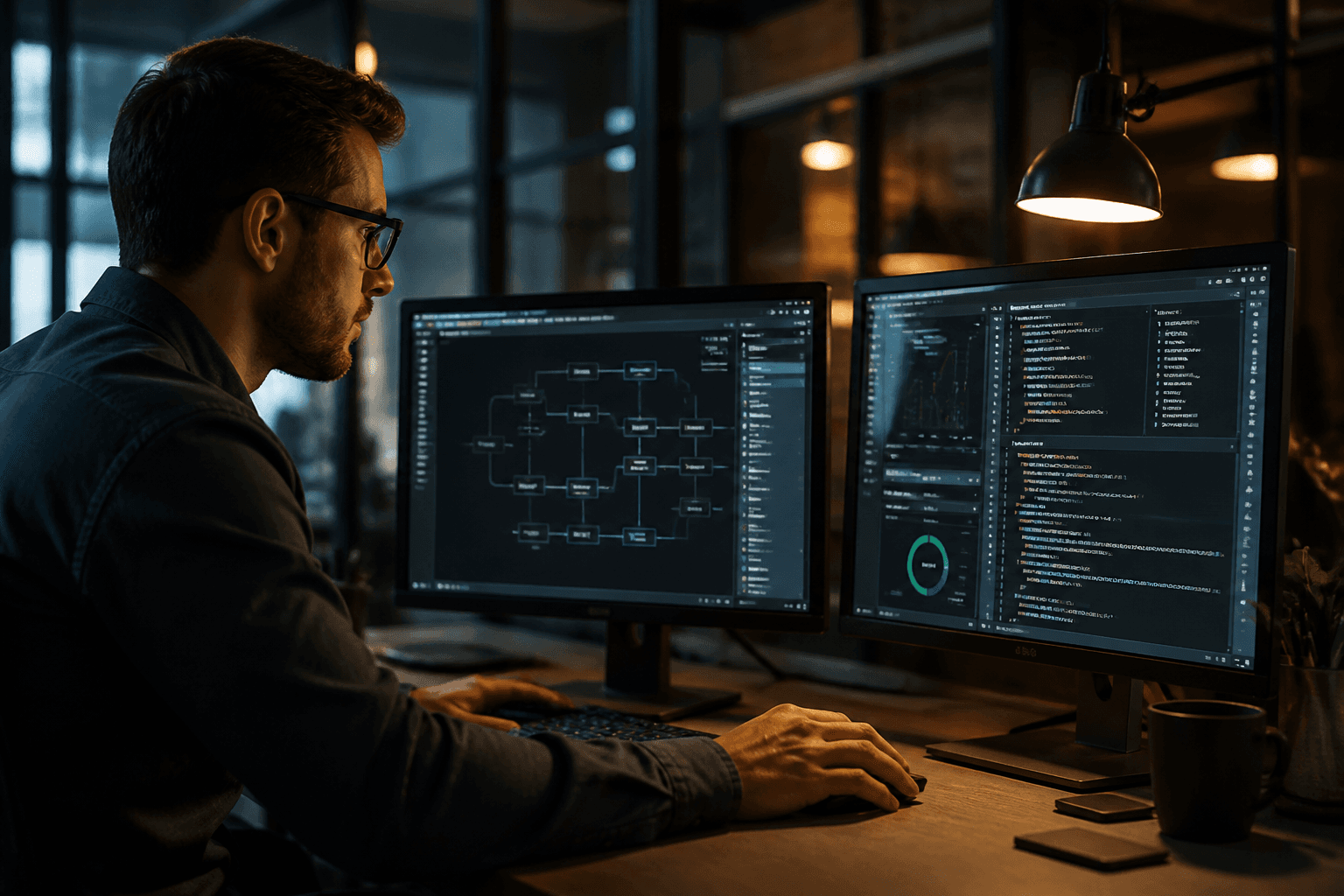 Engineer working across dual monitors building automation software