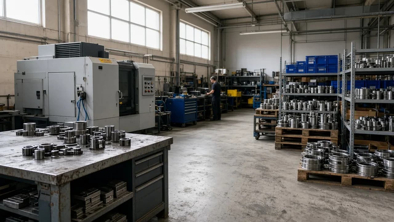 Manufacturing workbench with machined parts and labelled inventory bins