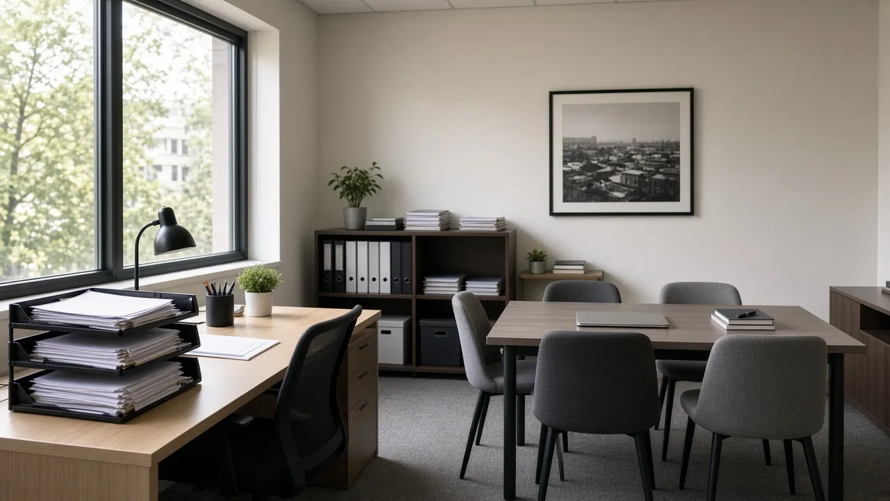 Professional services workroom with case documents laid out on a meeting table