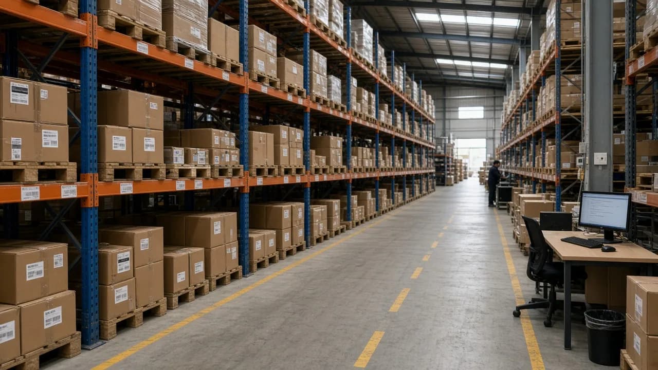 Wholesale warehouse aisle with pallet racking and packed cartons