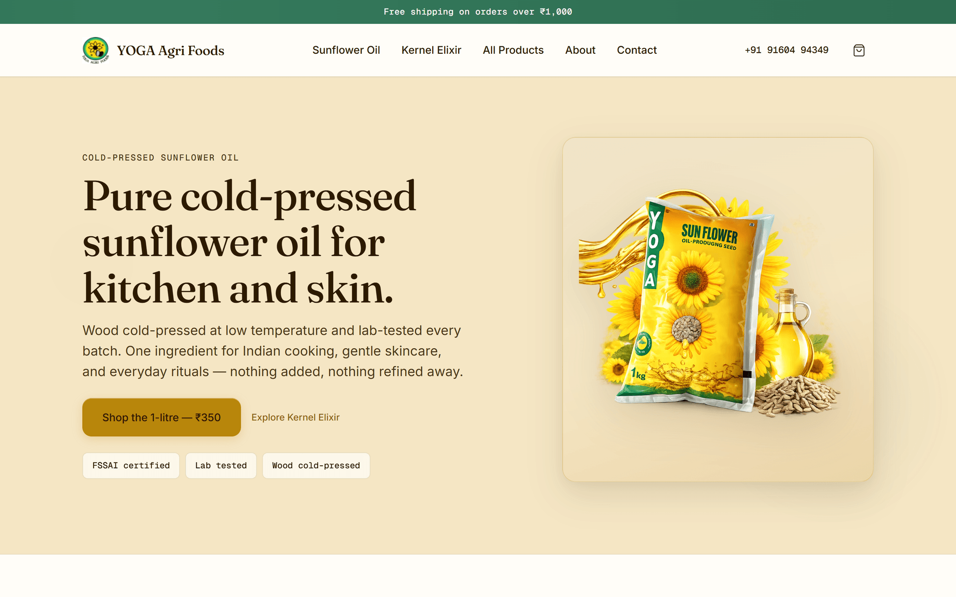 Yoga Agri Foods homepage — premium cold-pressed sunflower oil and Kernel Elixir