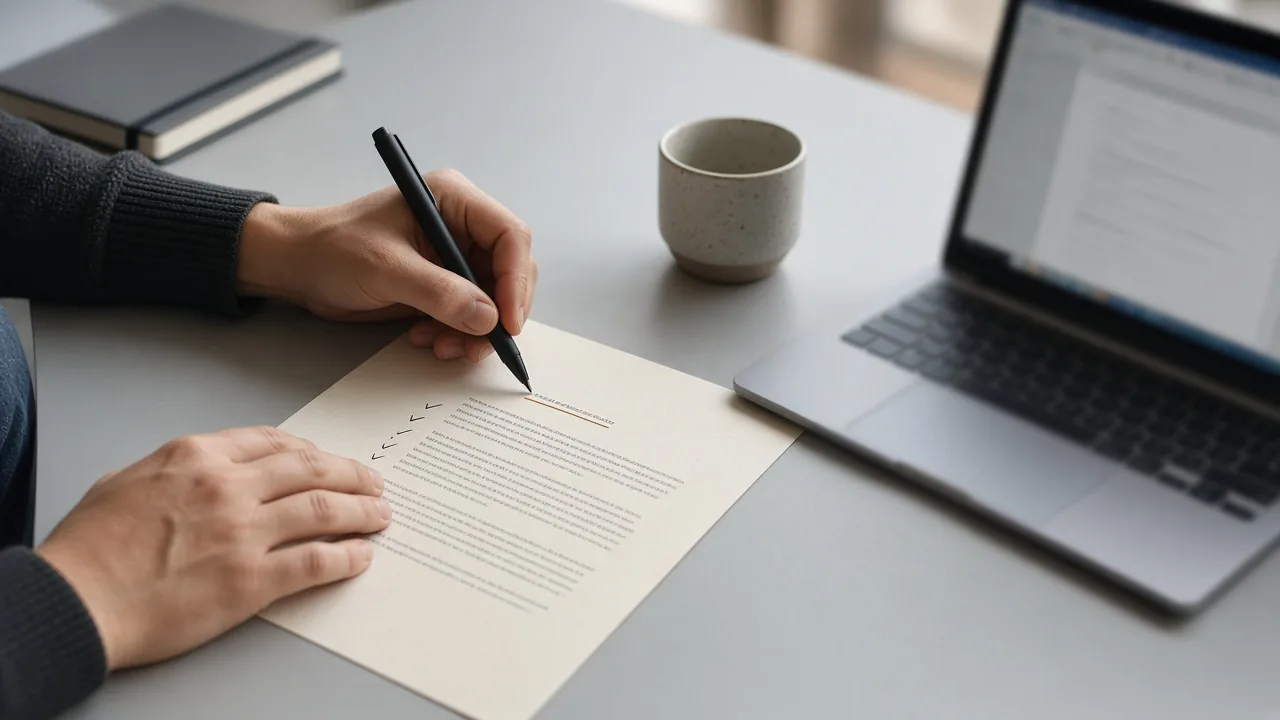 Hands reviewing a printed draft beside a laptop on a quiet office desk