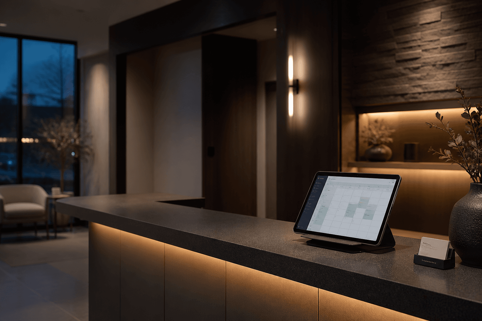 Modern clinic reception desk with scheduling tablet