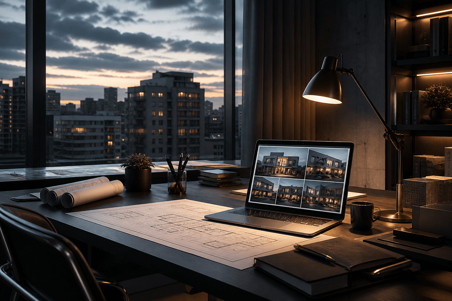 Real estate office desk with listings and architectural plans