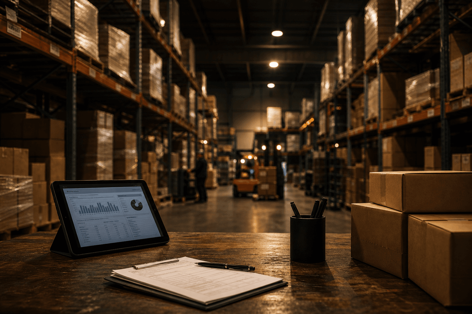 Wholesale warehouse aisle with inventory tablet under warm industrial lights