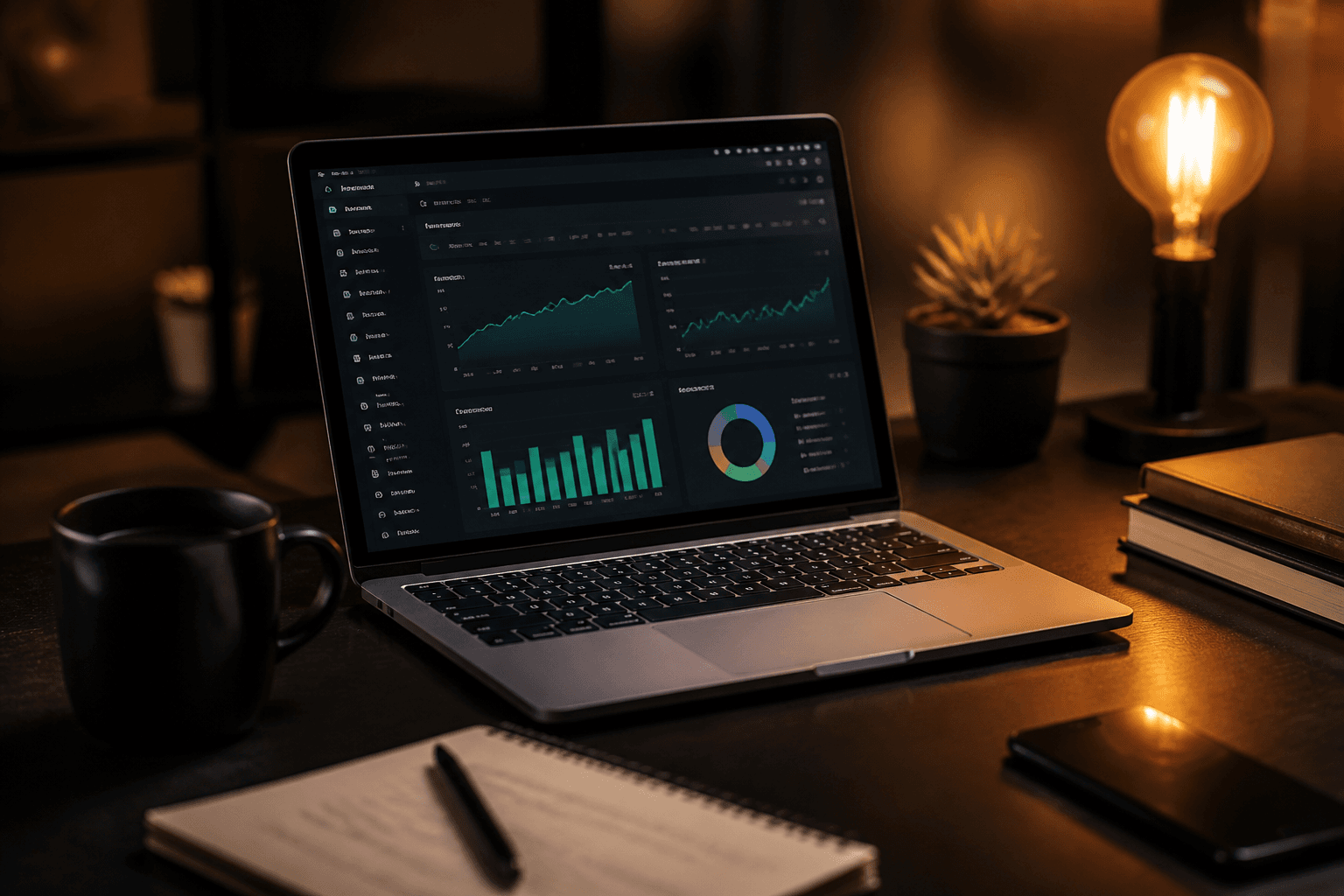 Marketing workspace with analytics charts on a laptop