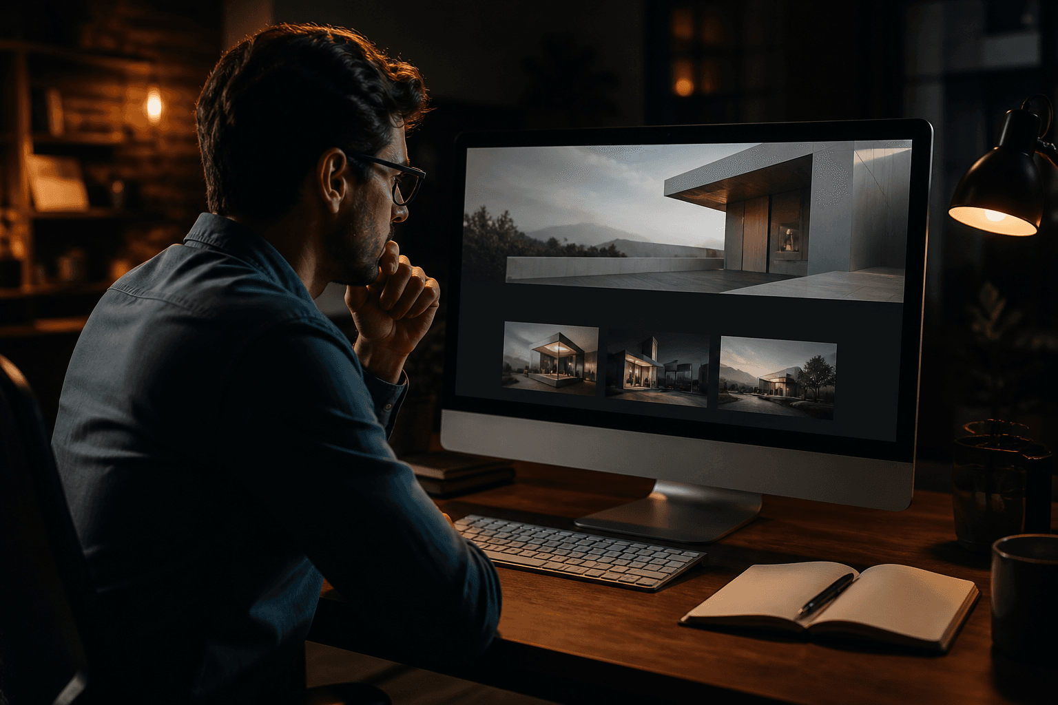 Designer reviewing a premium business website on a studio monitor