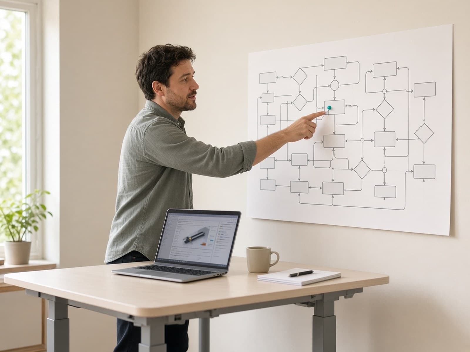 A person pointing at a process map while a laptop stays open on the desk