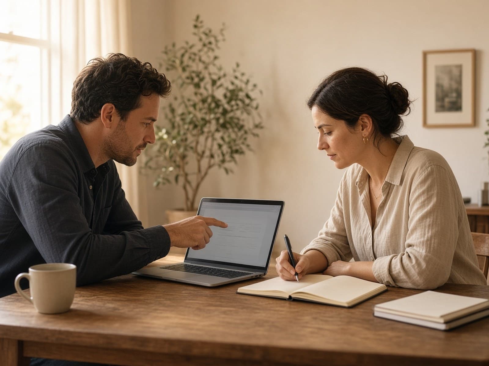 Two colleagues reviewing a laptop and taking notes