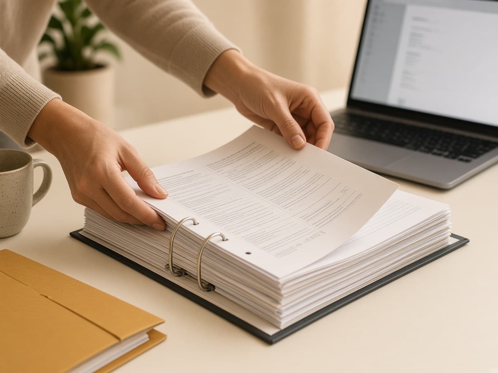 Hands opening an approved binder next to a laptop