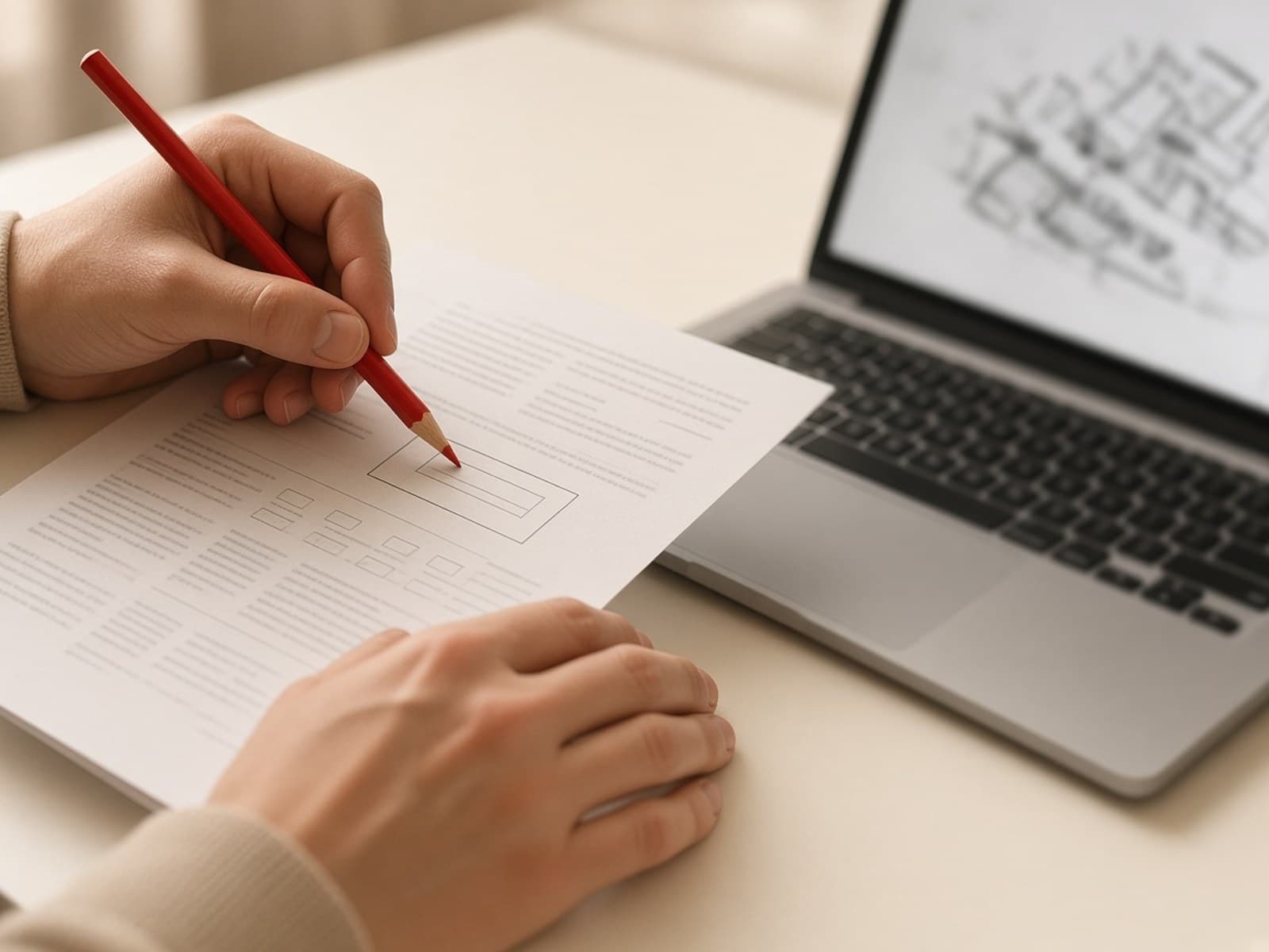 Hands marking a choice on a printed sheet beside a laptop