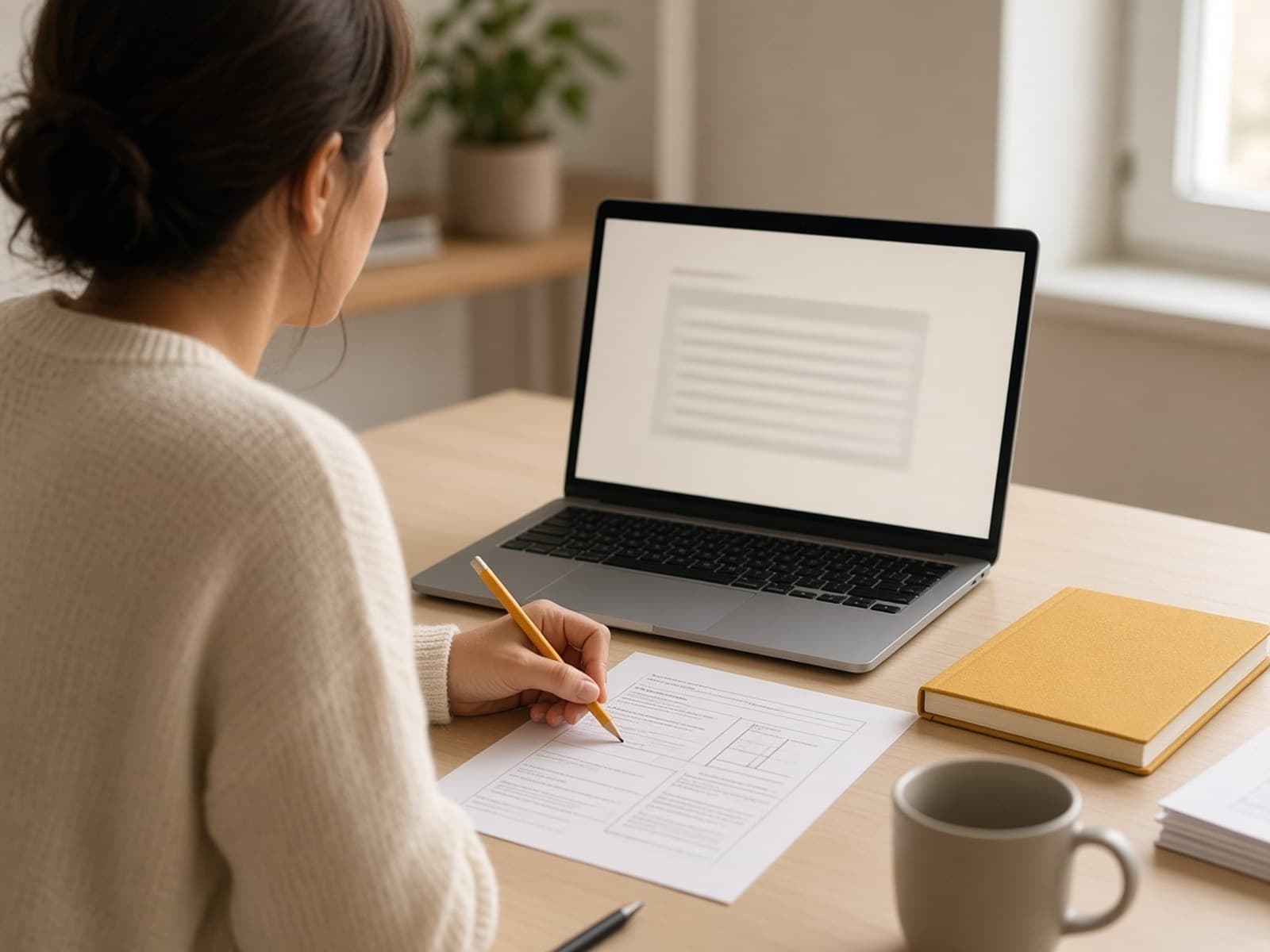 A person reviewing a printed plan beside a laptop