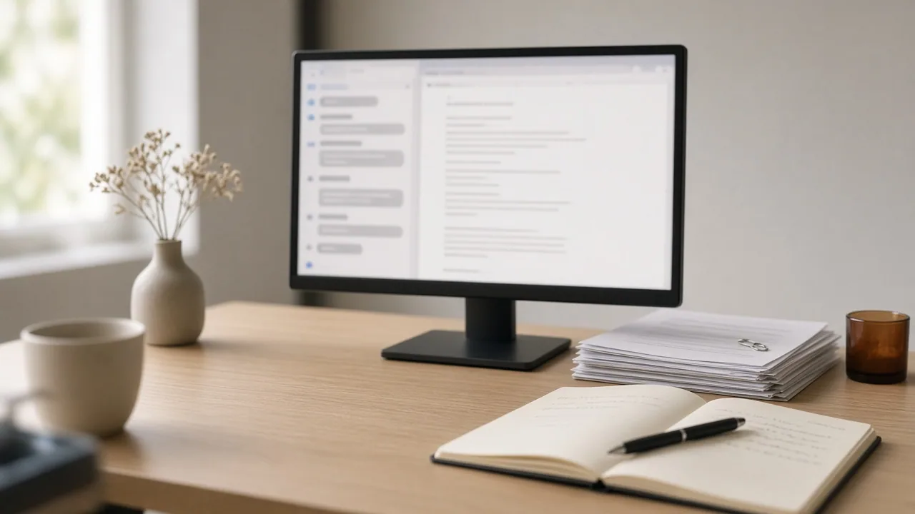 Desk monitor showing an assistant panel beside printed reference documents