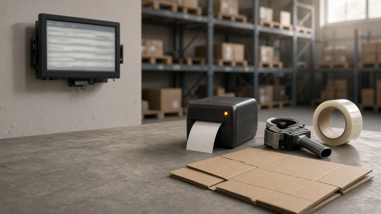 Warehouse packing bench with a queue screen, label printer and cartons