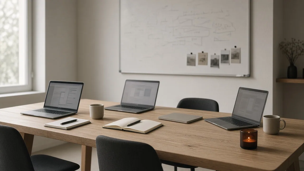 Shared project table with laptops, notebooks and a working whiteboard