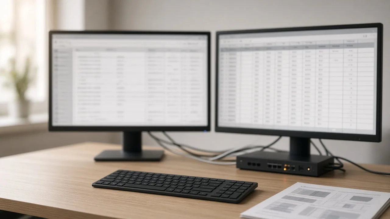 Two office monitors showing an orders list and a spreadsheet, cabled to a switch