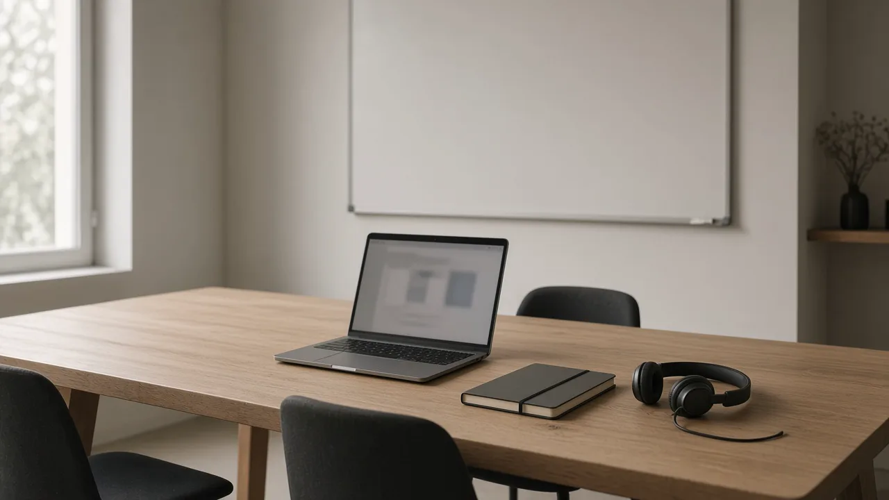 Quiet desk with a laptop and headset, prepared for IT work
