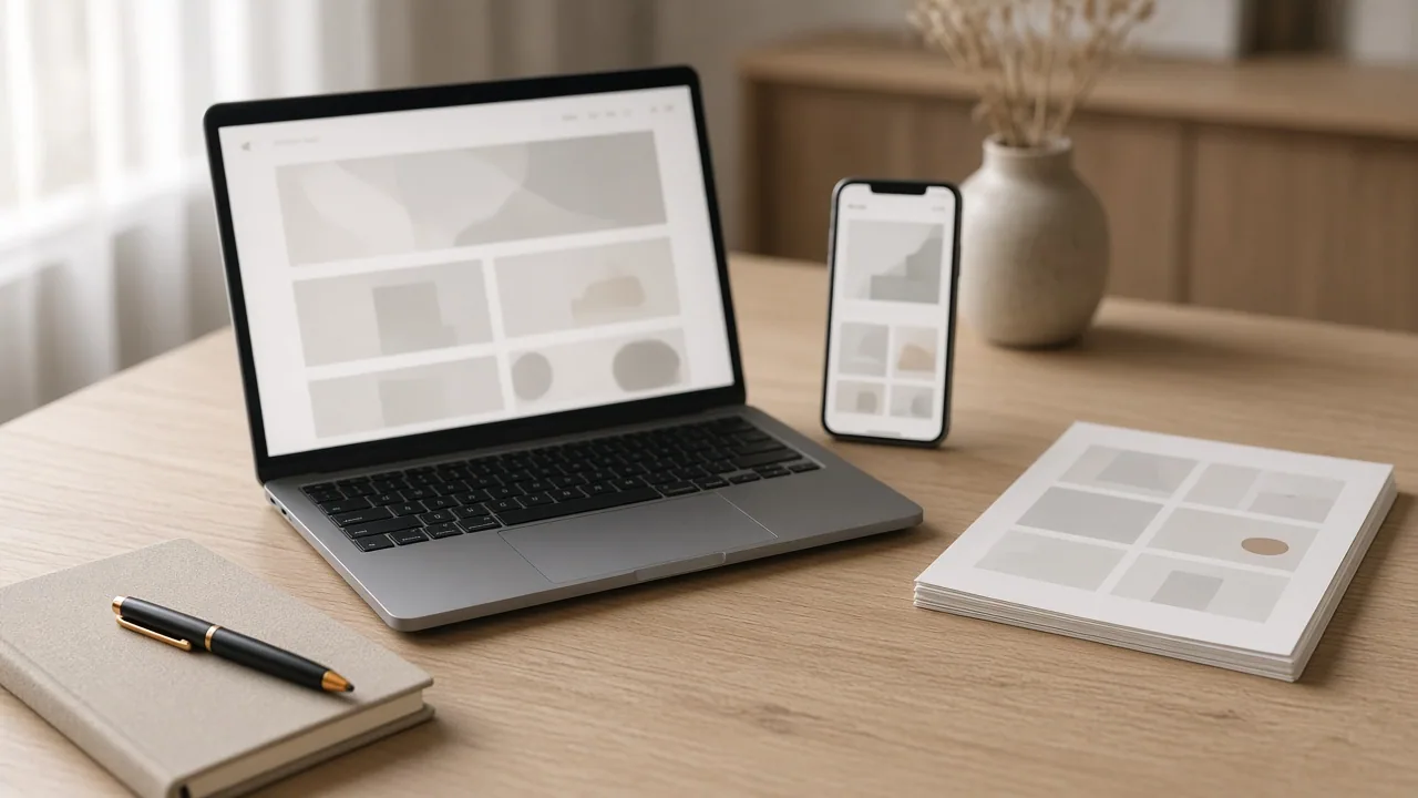 Laptop and phone on a desk showing a product catalogue layout