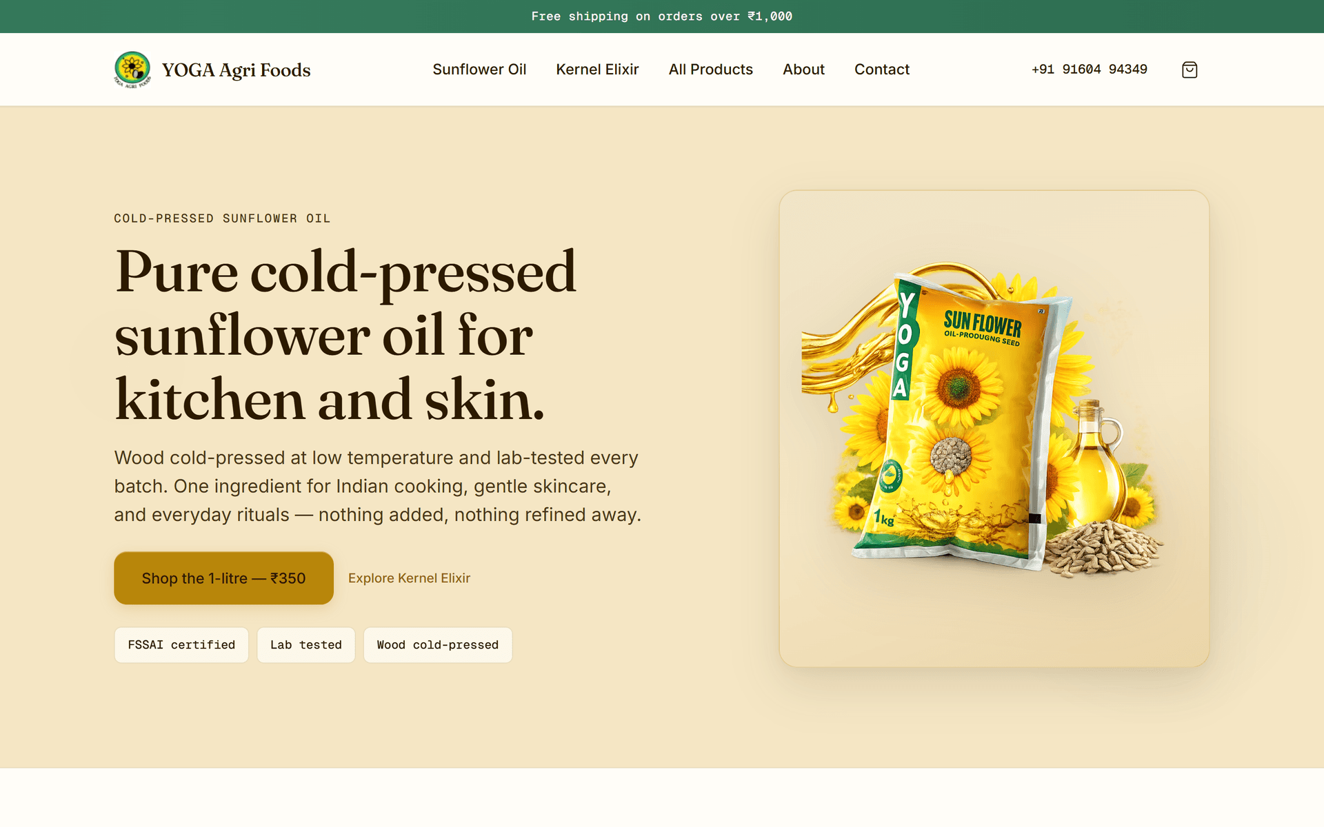 Yoga Agri Foods homepage — premium cold-pressed sunflower oil and Kernel Elixir